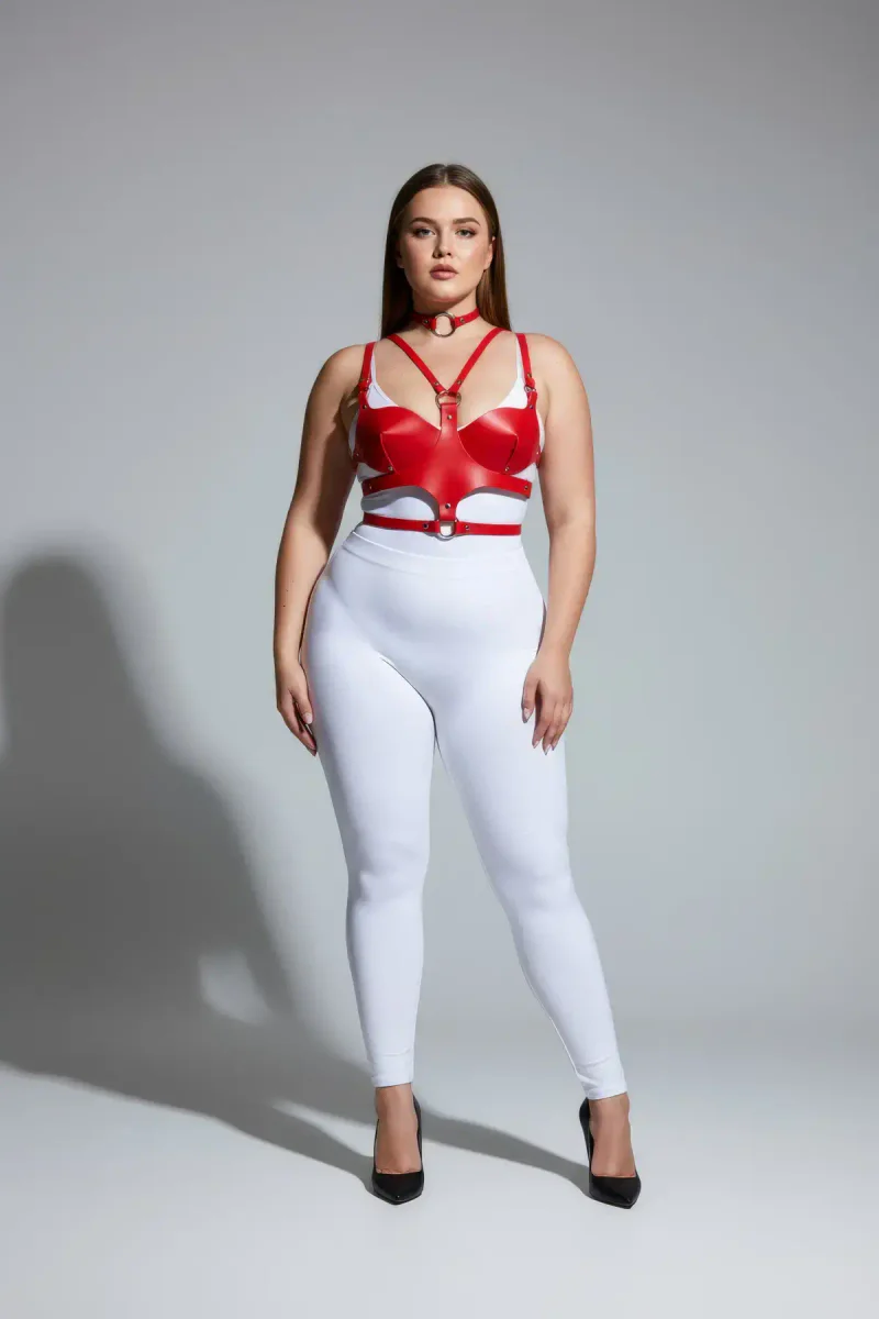 Red Leather Harness Bra Front