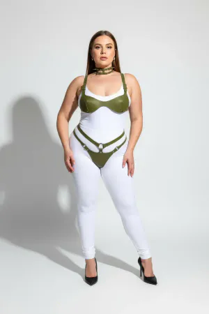 Plus Size Khaki Women's Harness Set with Leather Bra, Collar and Ring Detail Fancy Accessory - APFT1298