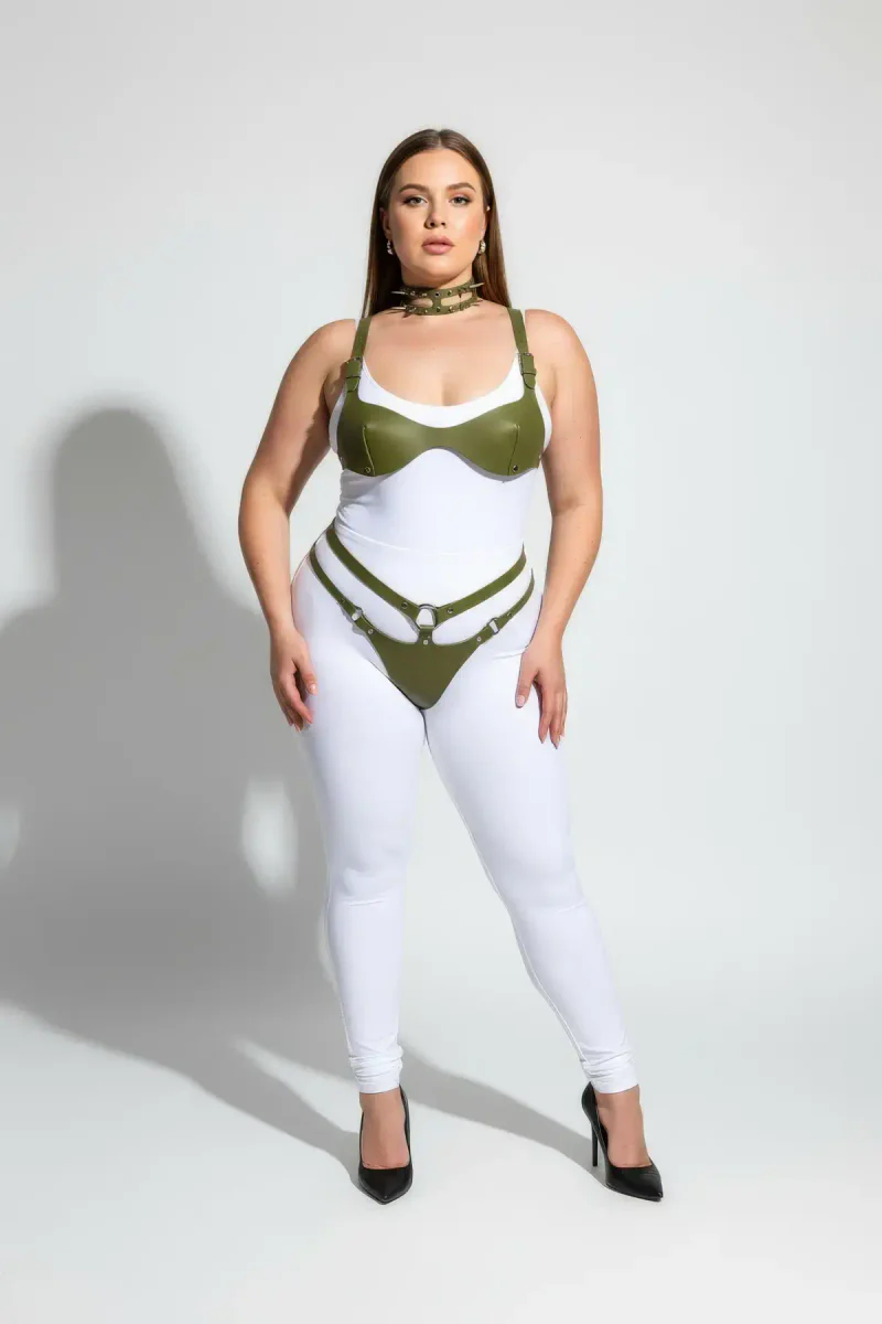 Olive Vegan Leather Bra Harness Front