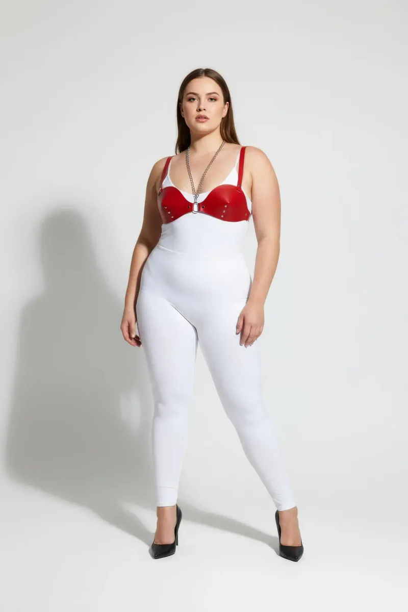 Plus Size Red Women's Leather Harness Set, Fancy Bra Accessory with Chain and Staple Detail - APFT1380