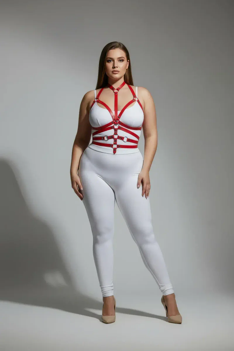Plus Size Red Women's Harness Suit Full Body Adjustable Leather Accessory - APFT24