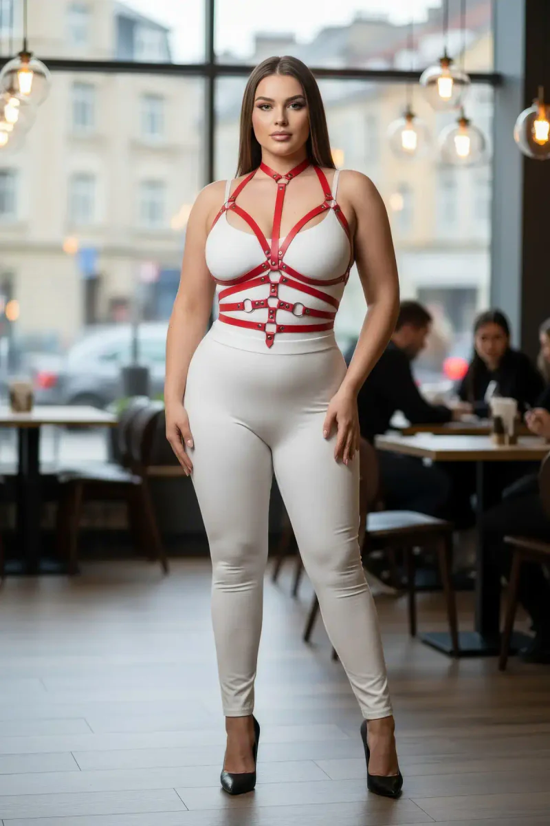 Plus Size Red Women's Harness Suit Full Body Adjustable Leather Accessory - APFT24
