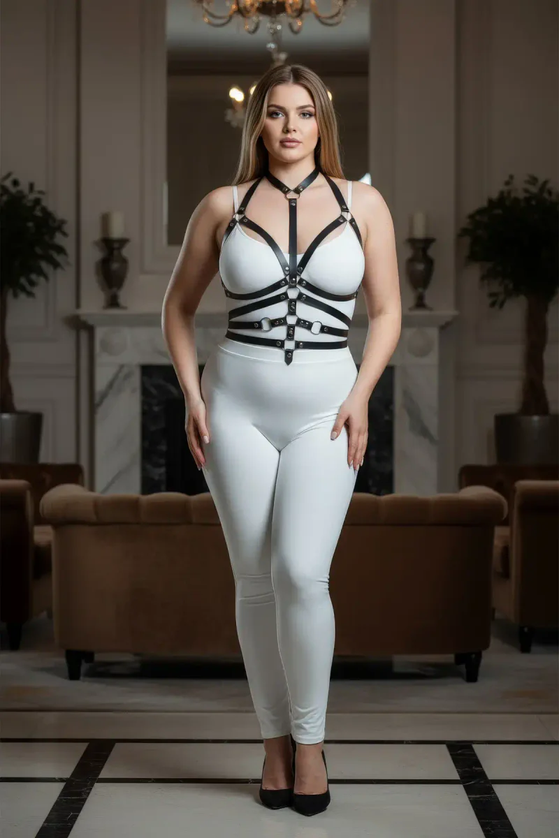 Plus Size Black Women's Leather Harness Set Fancy Accessory with Ring Detail - APFT24