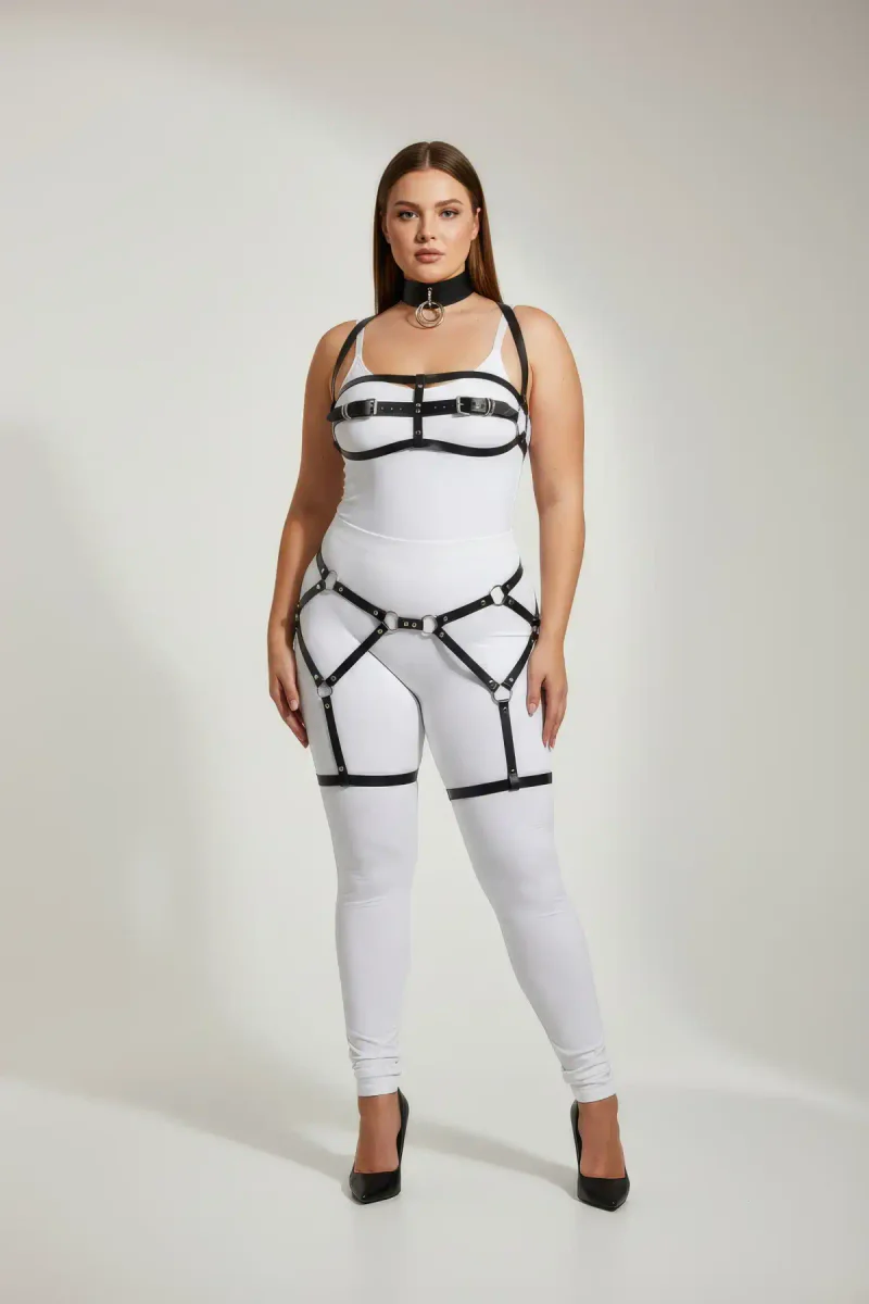 Plus Size Black Women's Garter Harness Suit Leather Body Accessory with Leash - APFT242