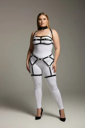 Plus Size Black Women's Garter Harness Suit Leather Body Accessory with Leash - APFT242