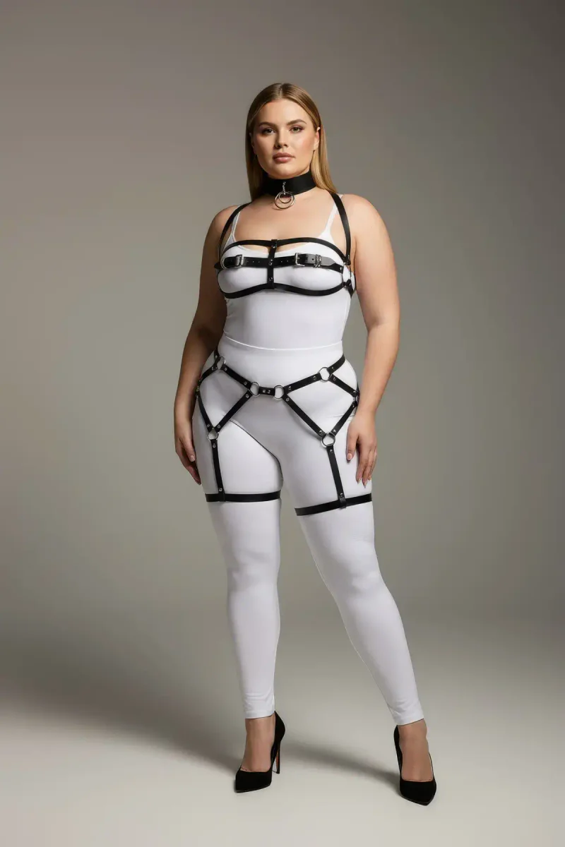 Plus Size Black Women's Garter Harness Suit Leather Body Accessory with Leash - APFT242