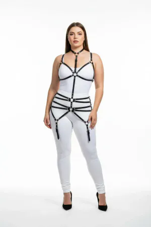 Plus Size Black Women's Leather Garter Harness Bustier Style Fantasy Accessory - APFT262