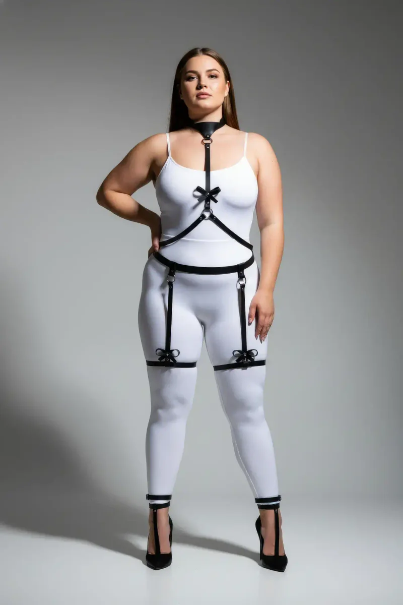 Plus Size Black Women's Garter Harness Fantasy Body Accessory with Bow Detail - APFT276