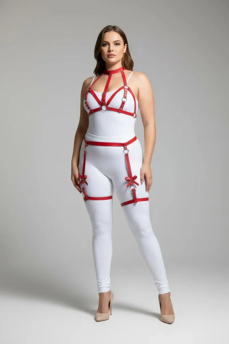 Red Faux Leather Garter Harness with Bow Detail and Adjustable Straps