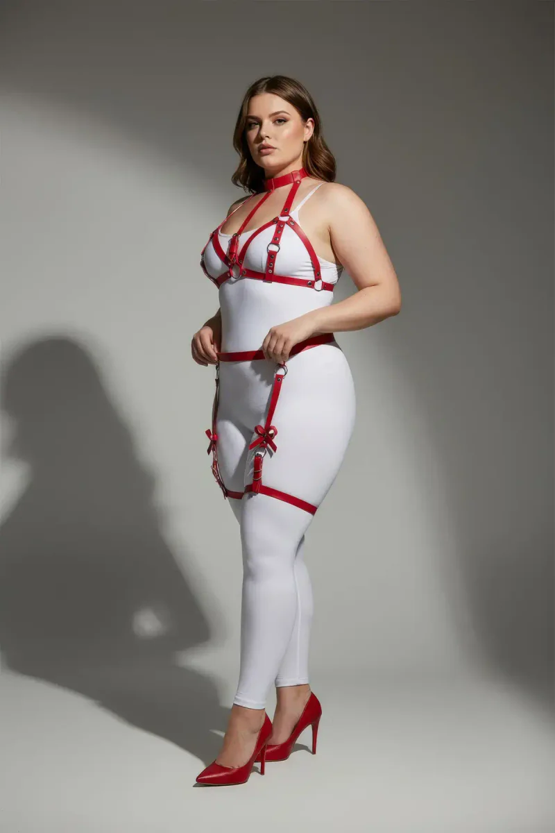 Red Faux Leather Chest Harness and Waist Belt Close-Up with Bow Detail