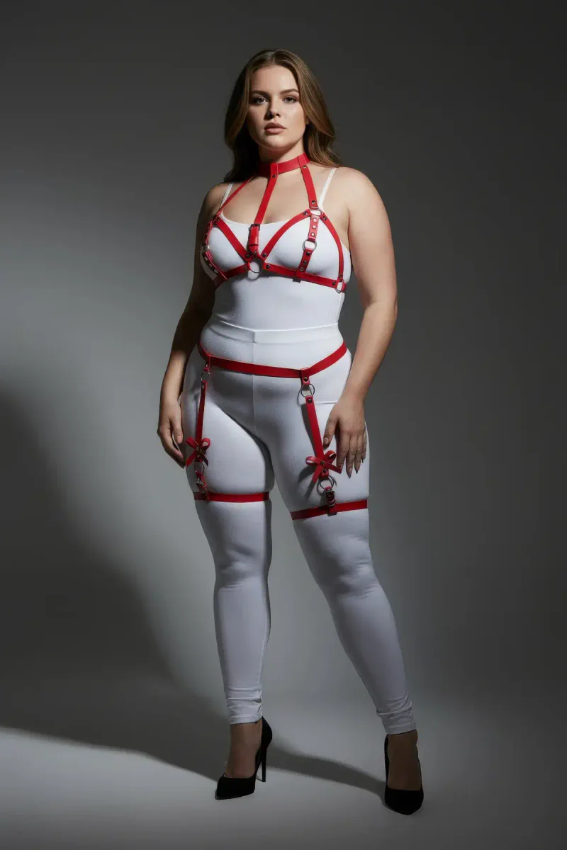 Red garter harness with bow detail thigh garter straps side view