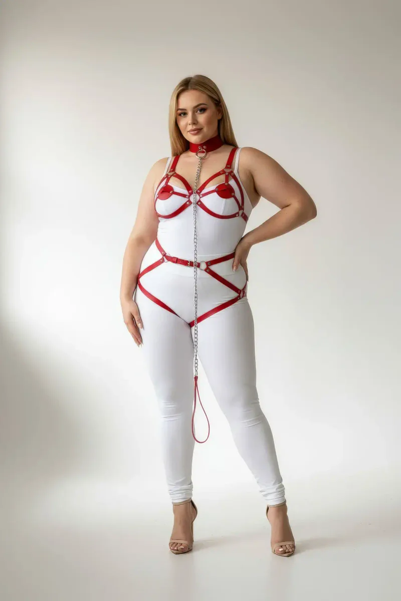 Red Faux Leather Full Body Harness with Detachable Chain and Garter Straps