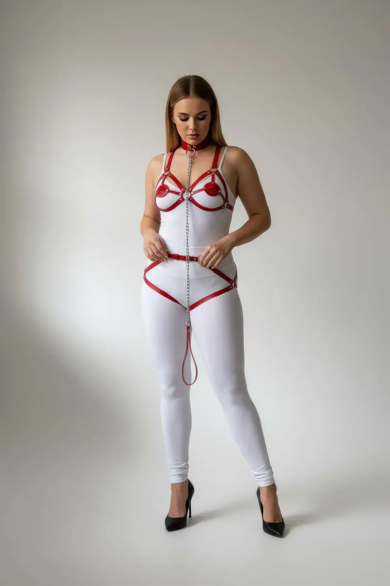 Red Faux Leather Body Harness Front View with O-Ring Detail