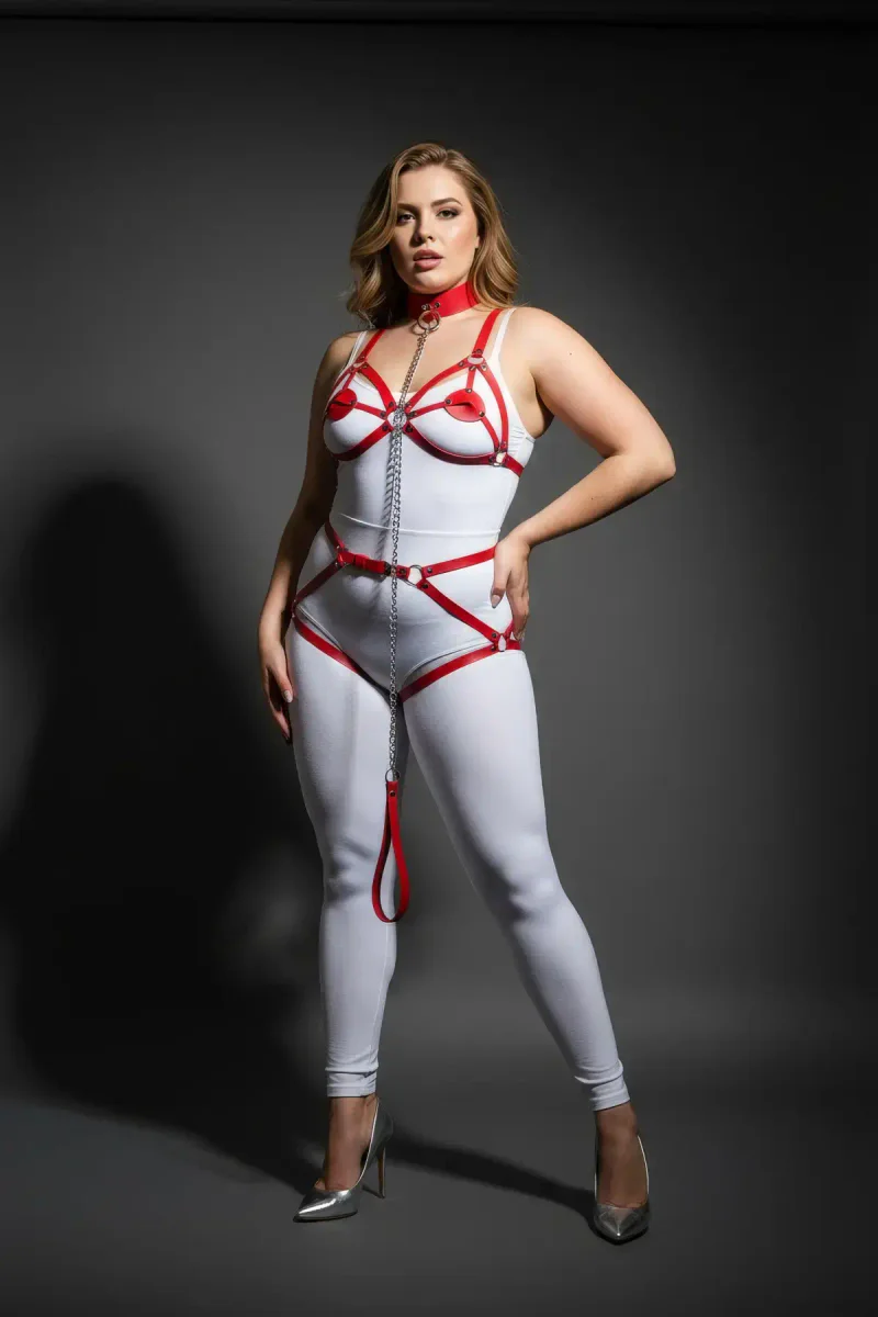 Red faux leather body harness back view showing strap configuration