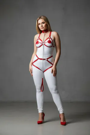 Plus Size Red Women's Garter Harness Chain Detailed Leather Full Body Accessory - APFT311