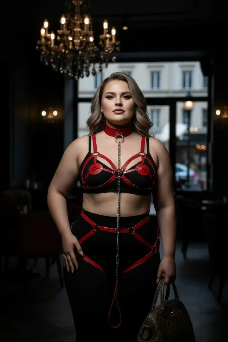 Red faux leather harness with garter straps side profile view
