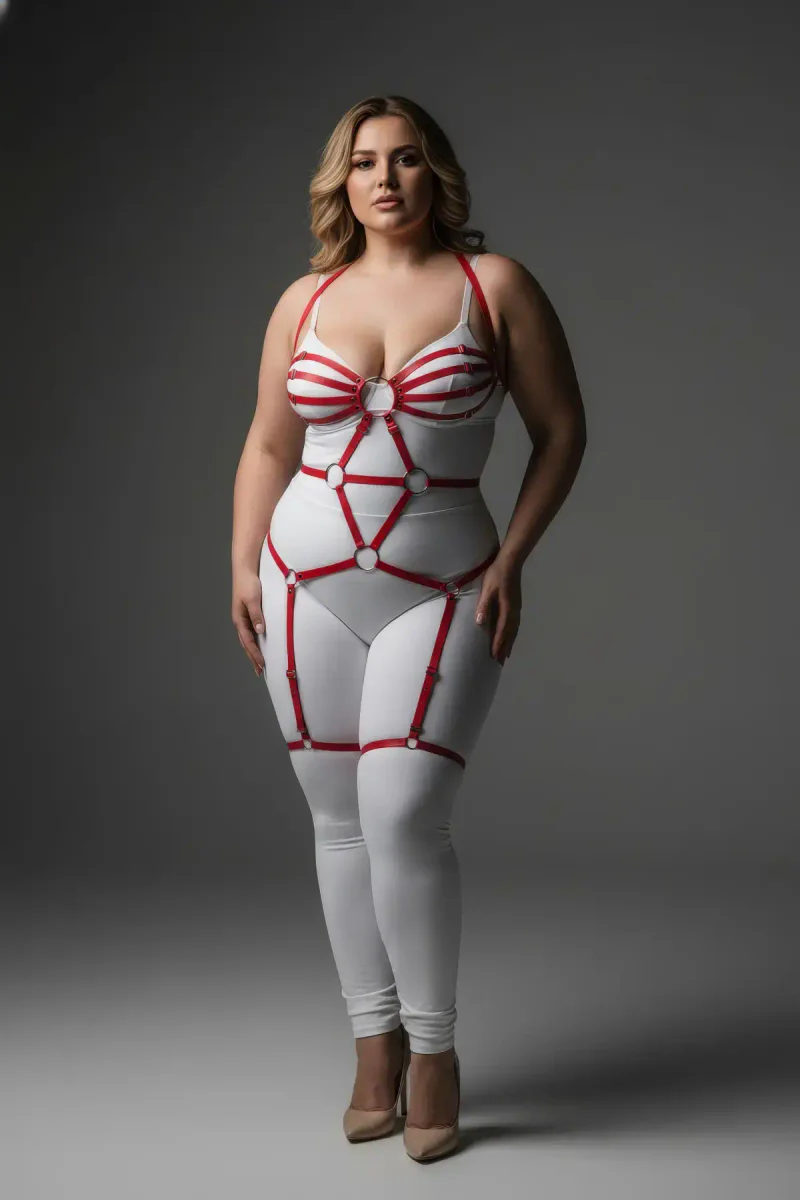 Red Body Harness Lingerie Front View Caged Chest Details