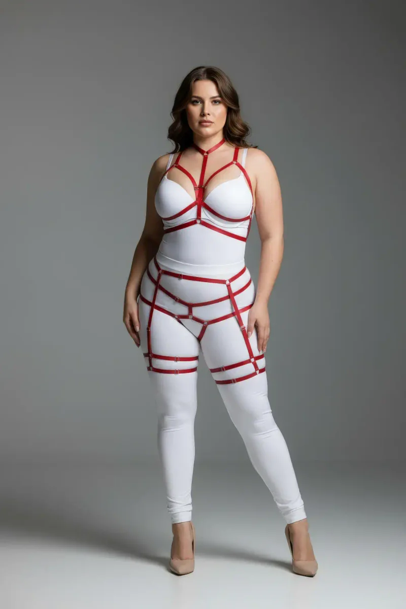 Red Body Harness Lingerie Front View Model Posing Confidently
