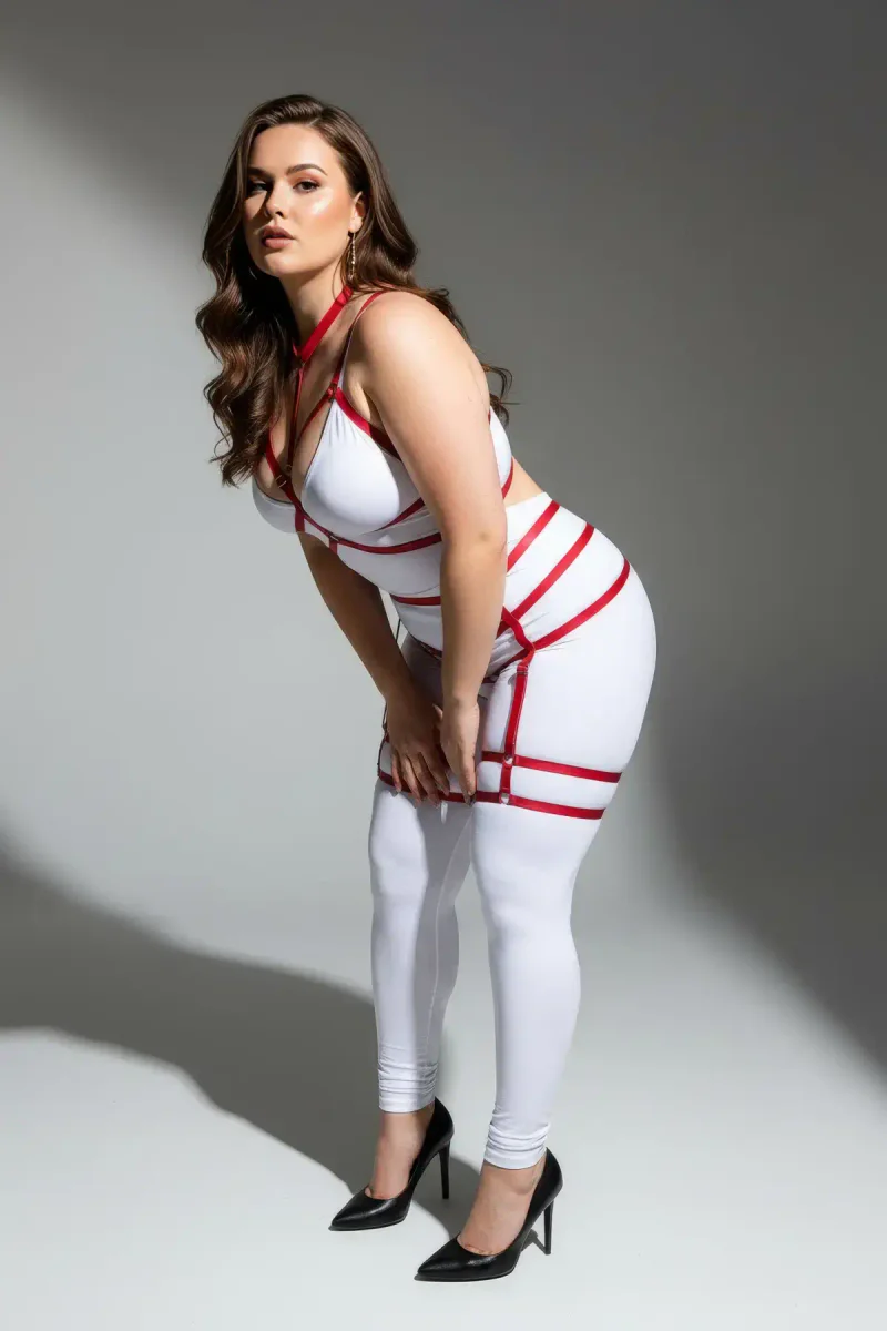 Faux Leather Harness Bra Top Red Straps and Buckle Details on Torso