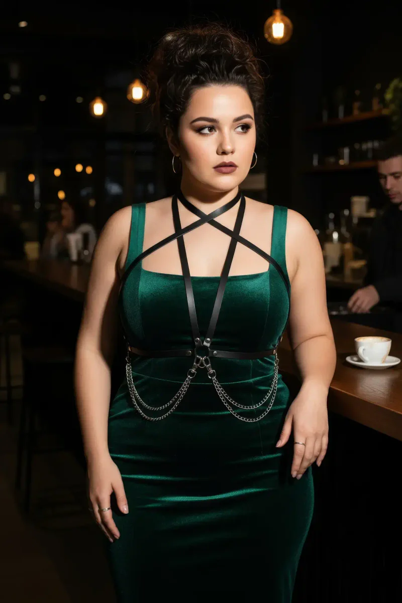 Plus Size Black Women's Belt Chain Detailed Leather Body Accessory - APFT52