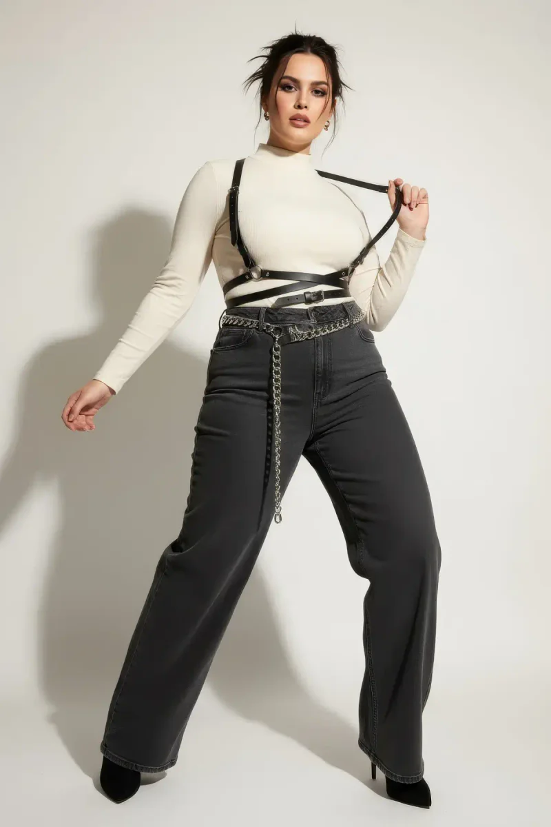 Plus Size Black Women's Belt Cross Strap Leather Body Accessory - APFT198
