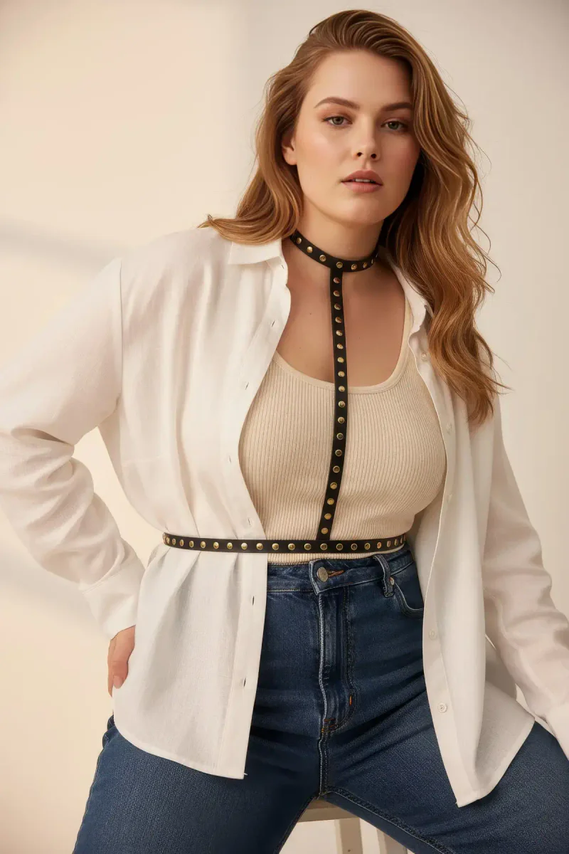 Plus Size Black Women's Belt Studded Leather Harness Body Accessory - APFT343