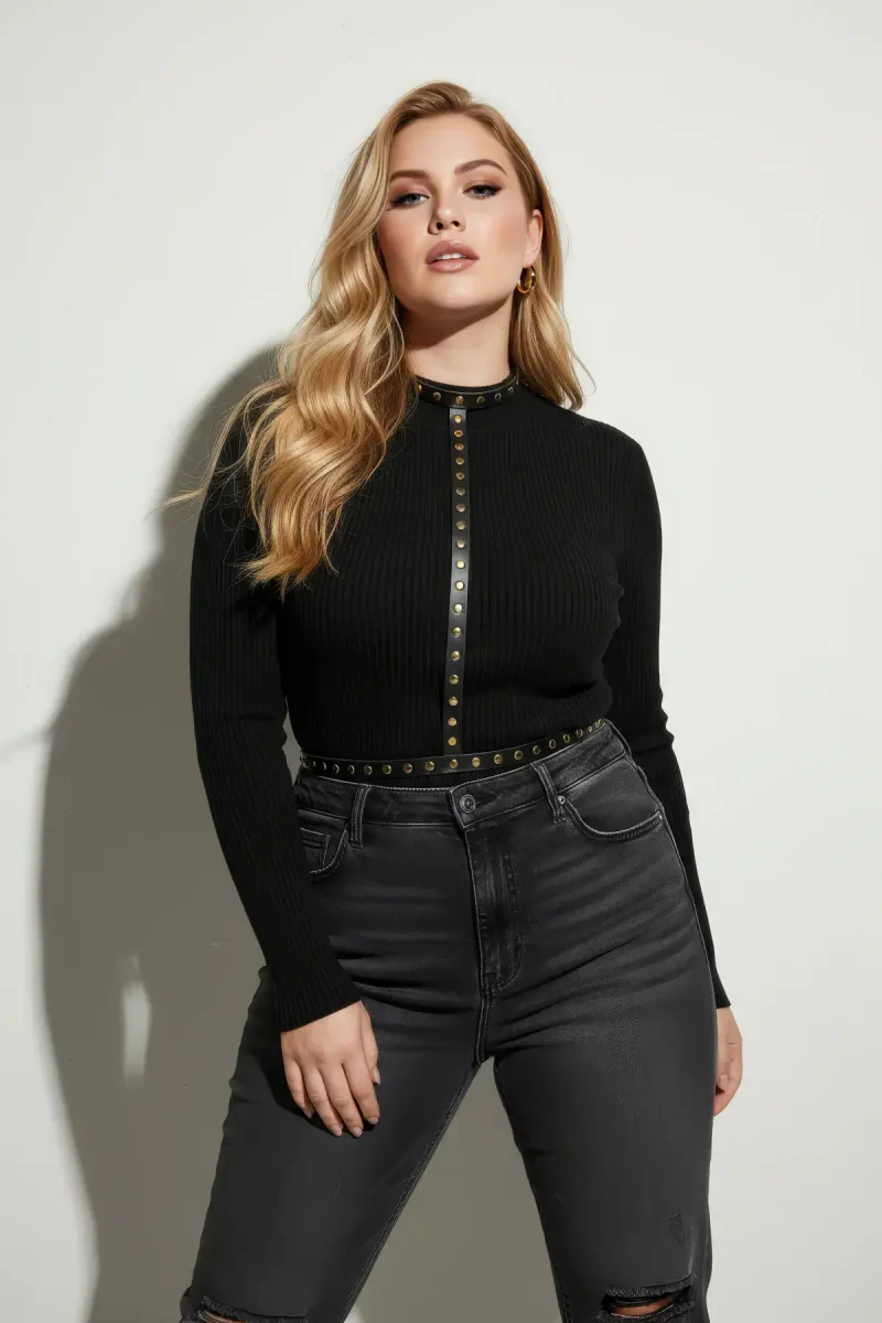 Plus Size Black Women's Belt Studded Leather Harness Body Accessory - APFT343