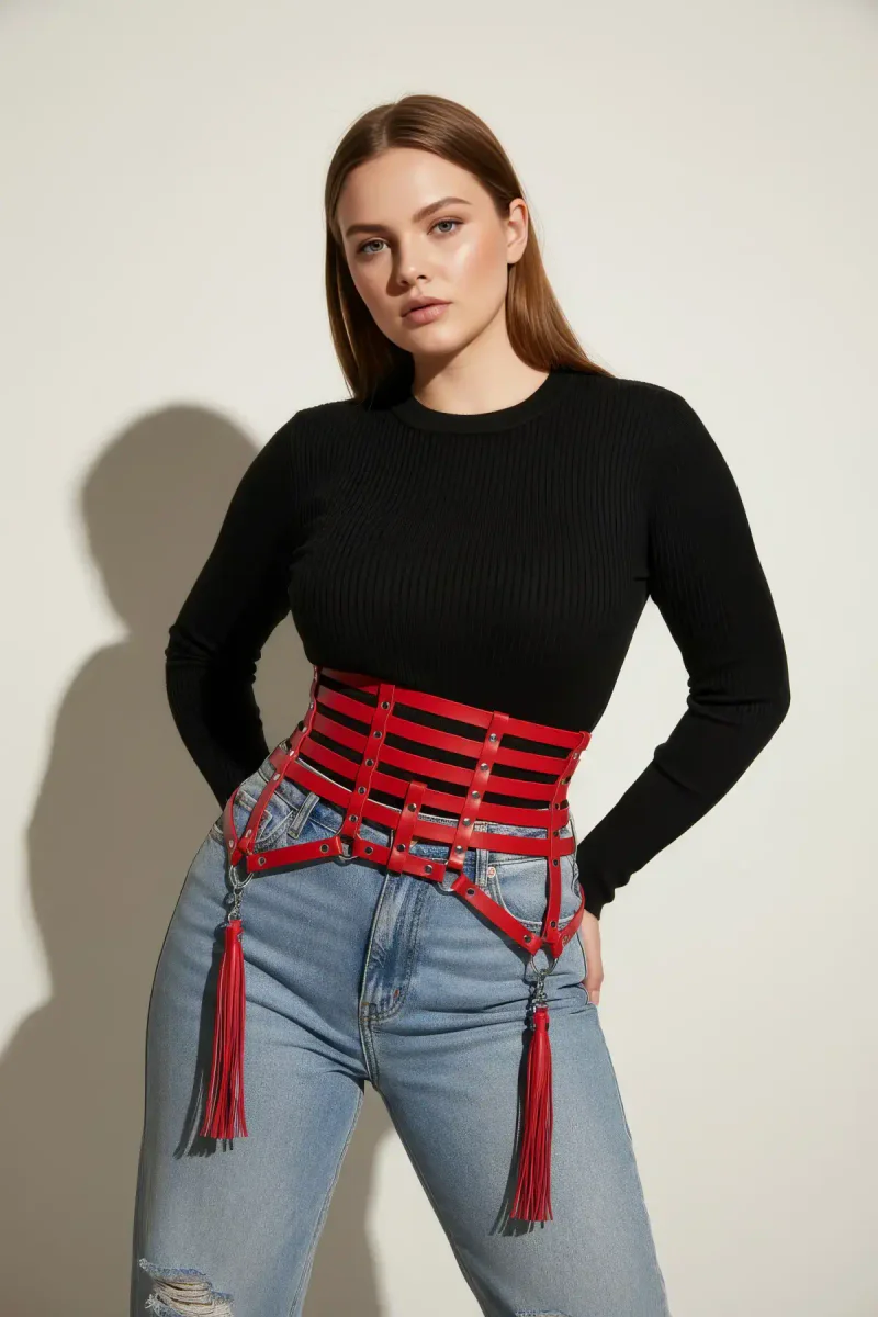 Plus Size Red Women's Belt Corset Style Leather Accessory with Tassel Detail - APFT408