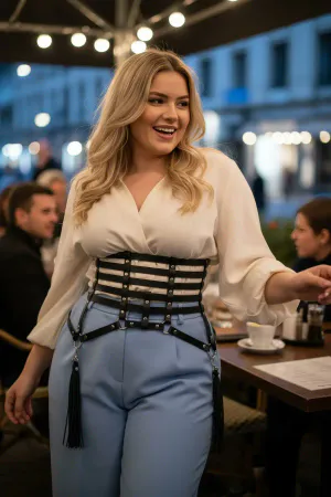 Plus Size Black Women's Corset Belt Leather with Tassel and Chain Detail - APFT408