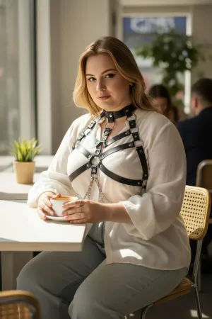 Plus Size Black Women's Belt Chain Detailed Leather Harness Body Accessory - APFT517