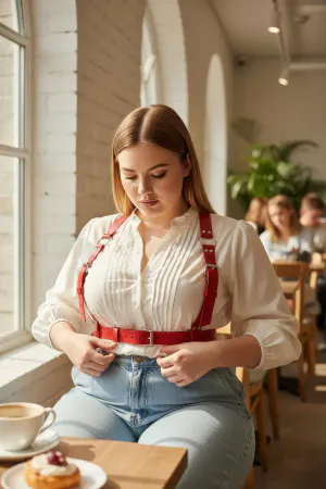 Plus Size Red Women's Belt, Thick Leather Harness Body Accessory - APFT529