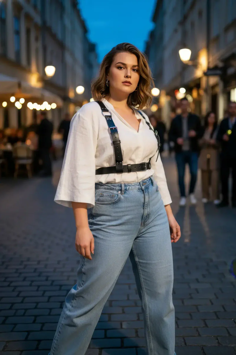 Vegan Leather Body Harness Styled Over Shirt