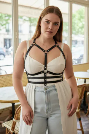 Plus Size Black Women's Belt Leather Body Harness with Staple Detail - APFT543