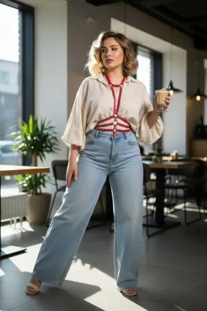 Plus Size Red Women's Belt Harness Style Leather Body Accessory with Metal Detail - APFT546