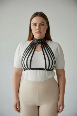 Plus Size Black Women's Belt Body Sash Style Leather Accessory with Ring Detail - APFT551