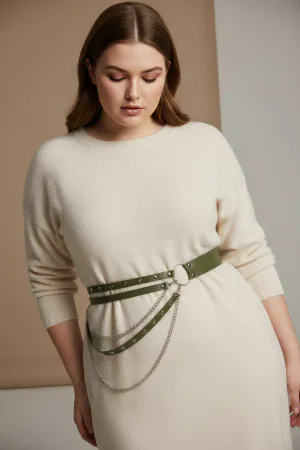 Plus Size Khaki Women's Belt Chain Detailed Multiple Straps Leather Look - APFT586