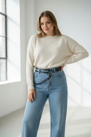 Large Size Black Women's Belt Chain Detailed Double Row Ring Combination Belt - APFT586