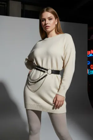 Large Size Black Women's Belt Chain Detailed Double Row Ring Combination Belt - APFT586