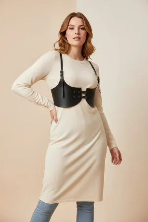 Large Size Black Women's Belt Leather Harness Detailed Stylish Body Accessory - APFT605