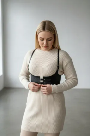 Large Size Black Women's Belt Leather Harness Detailed Stylish Body Accessory - APFT605