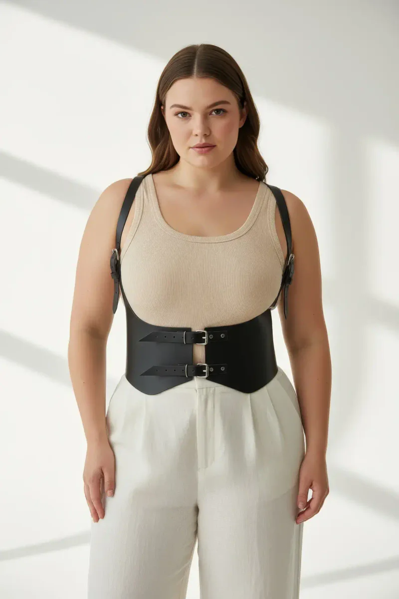 Black vegan leather waist cincher front