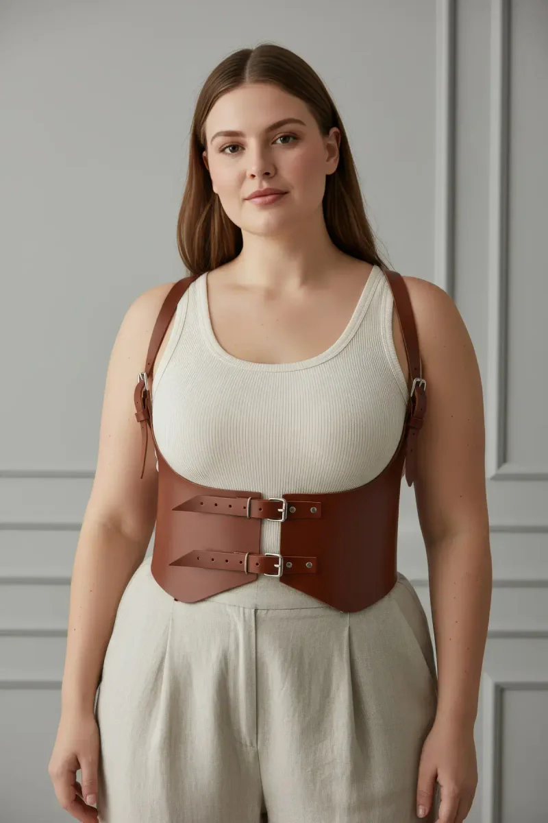 Festival brown leather underbust harness belt with