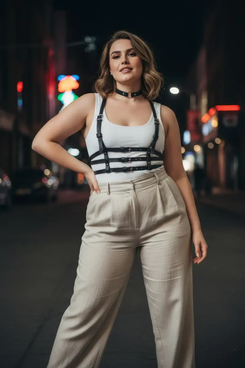Black Fashion Harness Outfit Side View Strappy