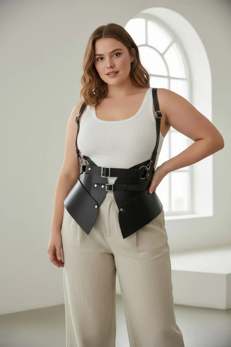 Black faux leather harness with