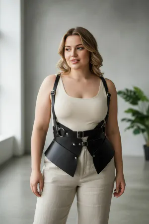 Plus Size Black Women's Leather Corset Belt with Shoulder Strap Waist Shaper - APFT616
