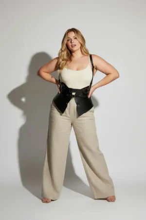 Plus Size Black Women's Leather Corset Belt with Shoulder Strap Waist Shaper - APFT616