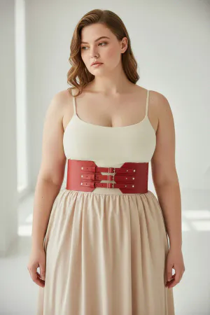 Plus Size Red Wide Belt with Multi-Buckle Bodice Detail - APFT618