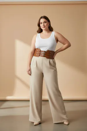 Plus Size Tan Women's Belt Three-Buckle Wide Corset Waist Highlighter - APFT618