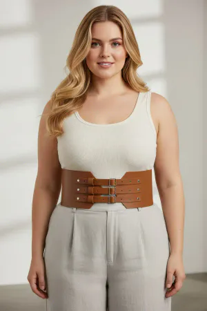 Plus Size Tan Women's Belt Three-Buckle Wide Corset Waist Highlighter - APFT618