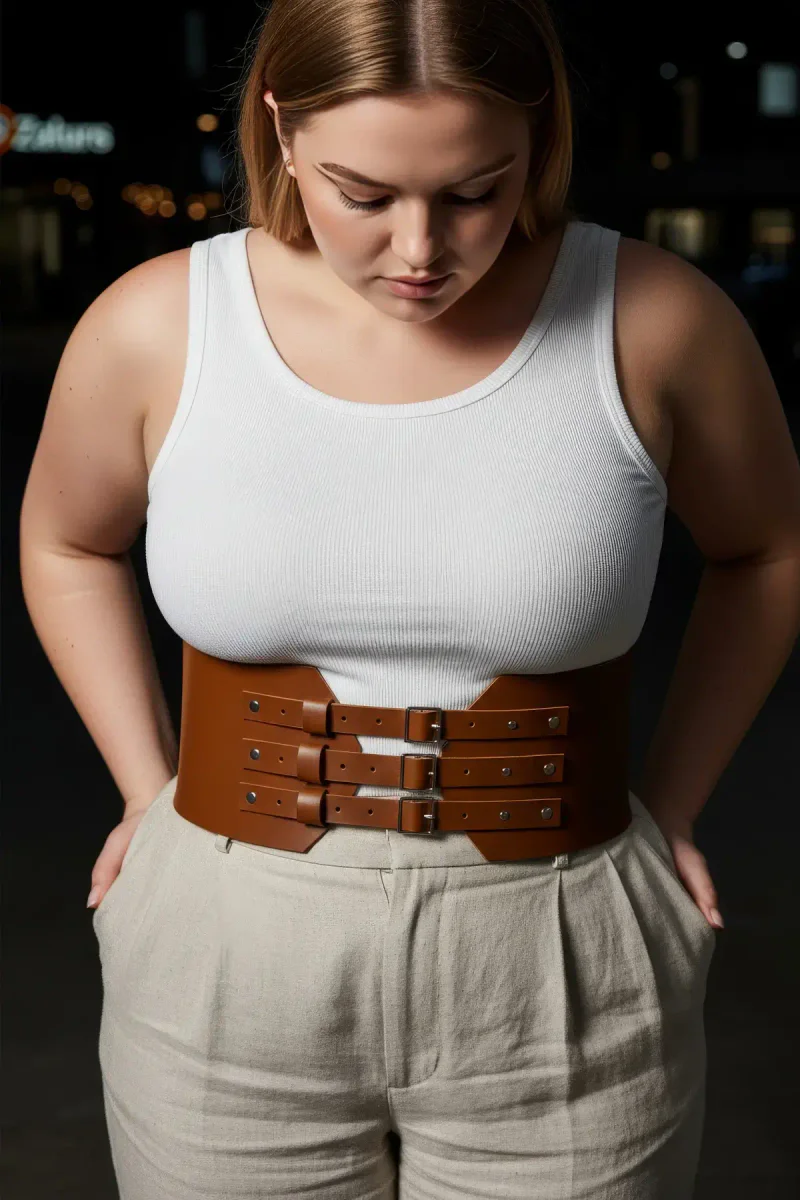 Tan Fashion Harness worn over a ribbed